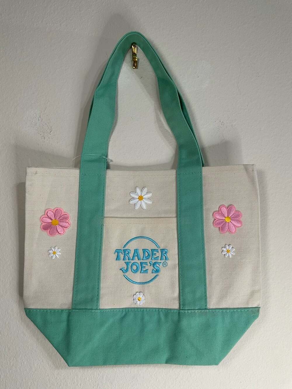 Trader Joe's Mini Pastel Canvas Tote Bag with Embroidered Flowers, Mint Green